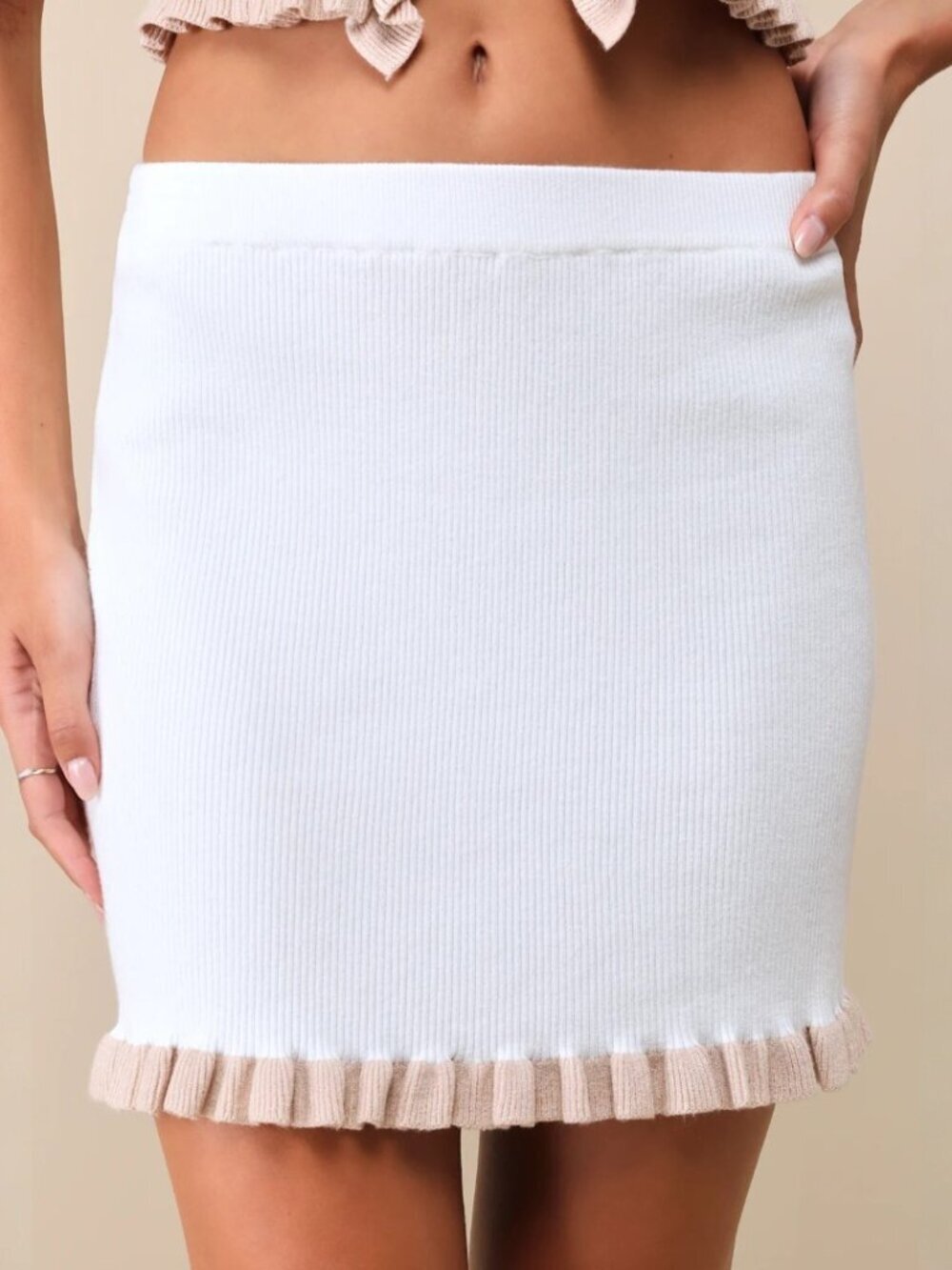 Lulus Preppy Tendencies Ivory Ribbed Knit Ruffled Mini Sweater Skirt NWT - Picture 3 of 8